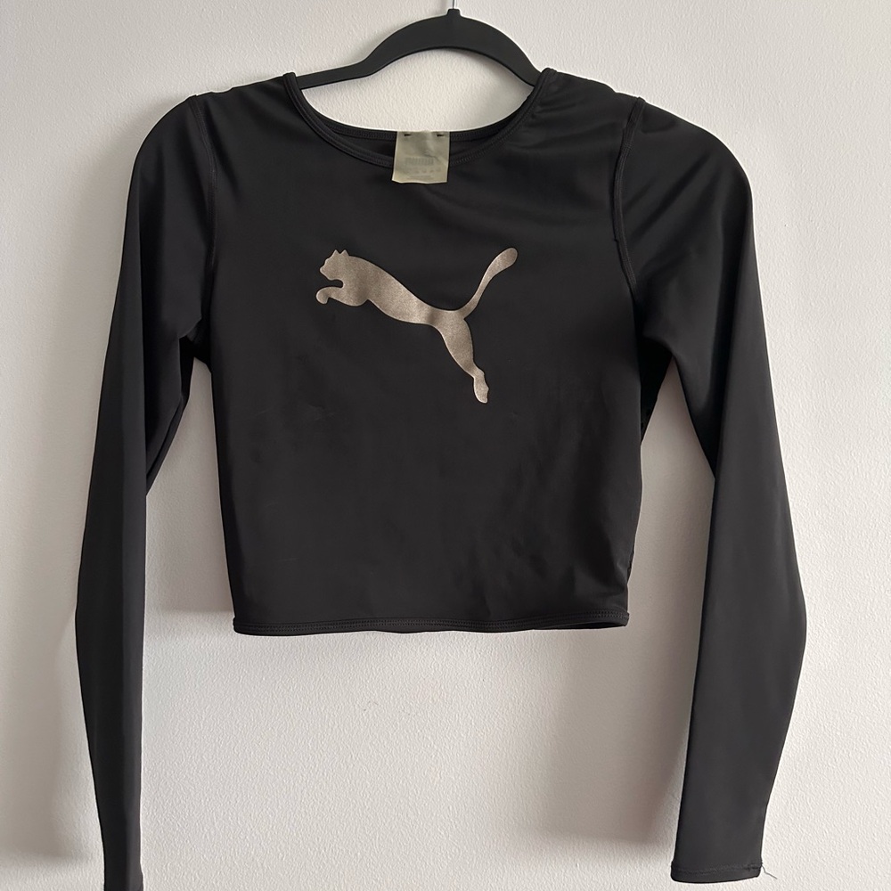 Puma Black Long Sleeve Crop Top with Silver Logo